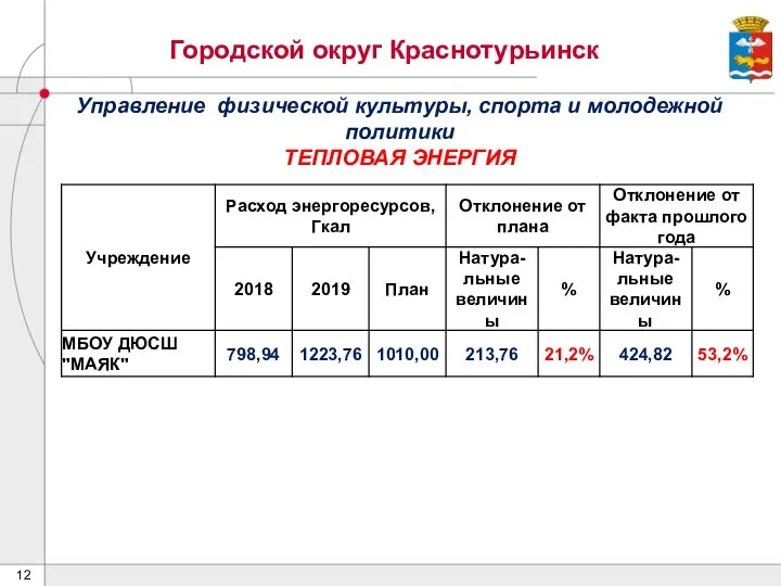 Городской округ Краснотурьинск Управление физической культуры, спорта и молодежной политики ТЕПЛОВАЯ ЭНЕРГИЯ