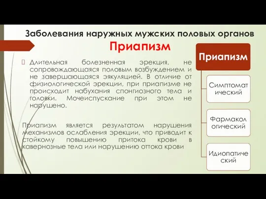 Заболевания наружных мужских половых органов Приапизм Длительная болезненная эрекция, не сопровождающаяся половым