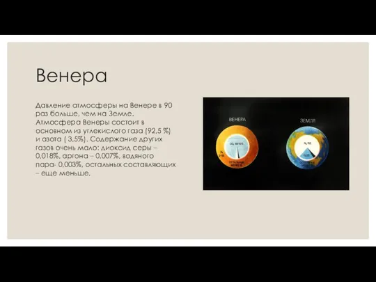 Венера Давление атмосферы на Венере в 90 раз больше, чем на Земле.