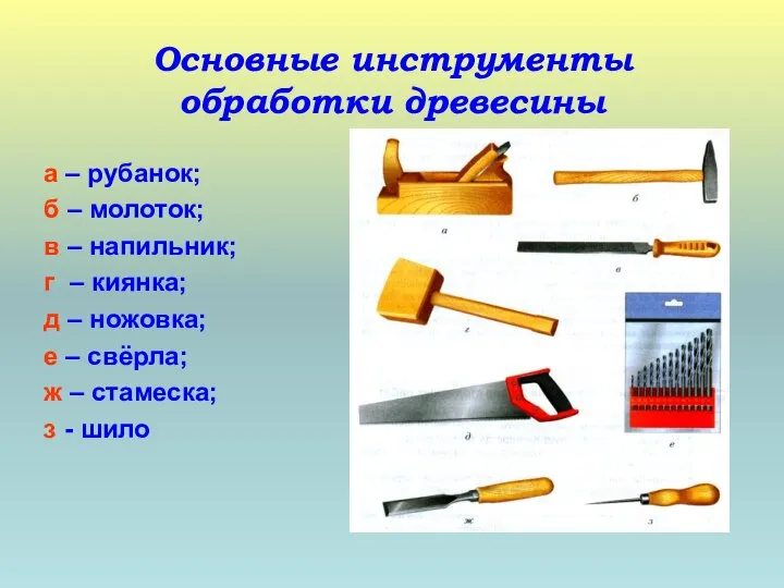 Основные инструменты обработки древесины а – рубанок; б – молоток; в –
