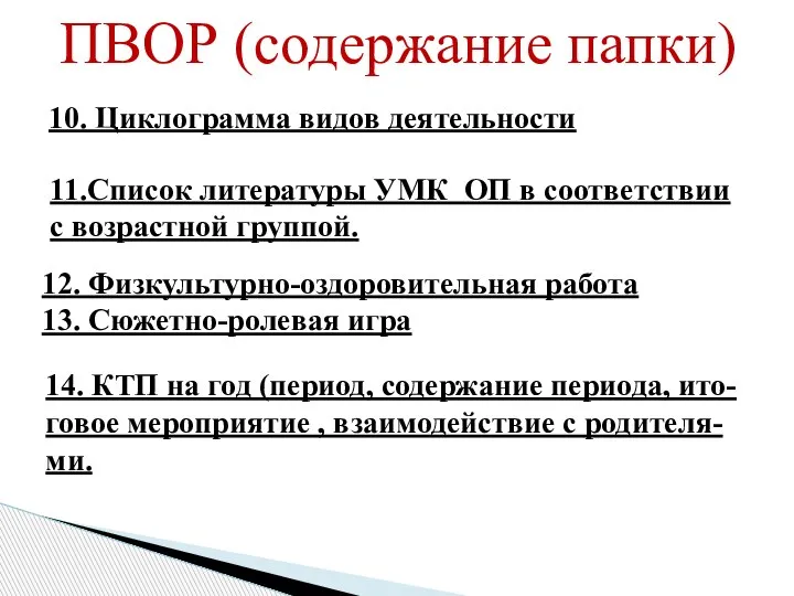 ПВОР (содержание папки) 10. Циклограмма видов деятельности 11.Список литературы УМК ОП в