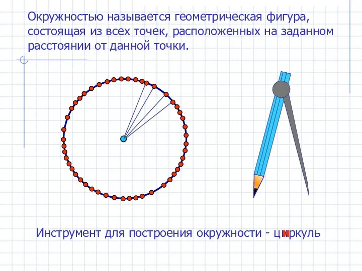 Окружностью называется геометрическая фигура, состоящая из всех точек, расположенных на заданном расстоянии от данной точки. и