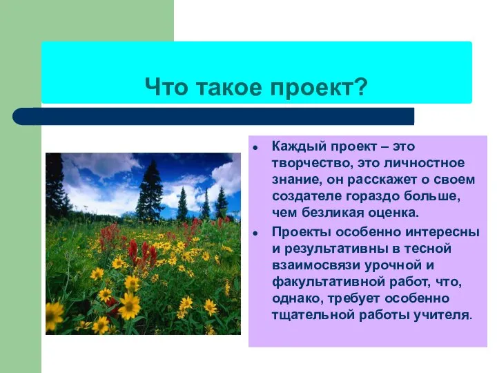 Что такое проект? Каждый проект – это творчество, это личностное знание, он