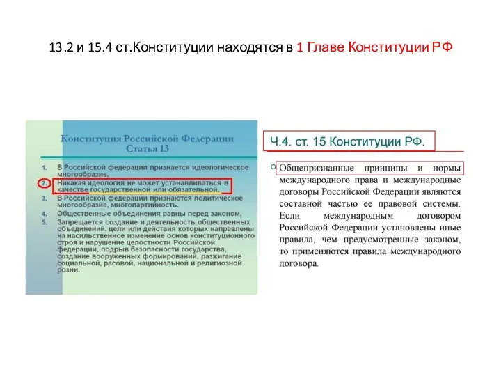 13.2 и 15.4 ст.Конституции находятся в 1 Главе Конституции РФ