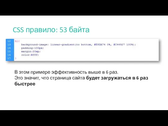 CSS правило: 53 байта В этом примере эффективность выше в 6 раз.