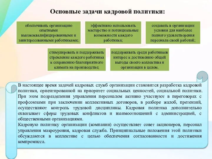 Основные задачи кадровой политики: В настоящее время задачей кадровых служб организации становится