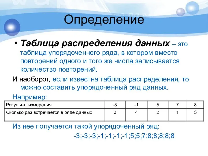 Определение Таблица распределения данных – это таблица упорядоченного ряда, в котором вместо