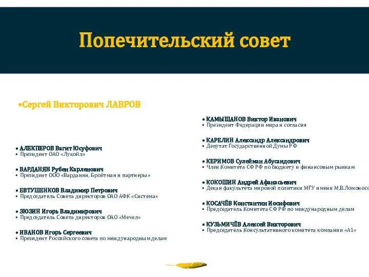 Попечительский совет Председатель – Министр иностранных дел России Сергей Викторович ЛАВРОВ АЛЕКПЕРОВ