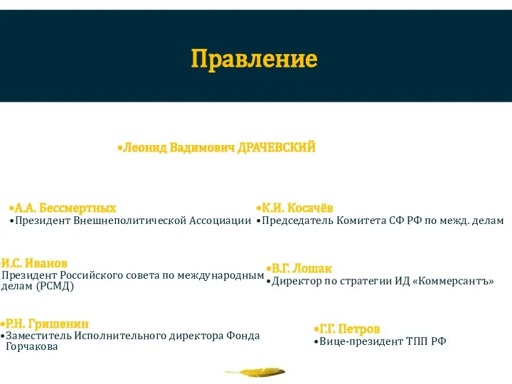 Правление Председатель – Исполнительный директор Фонда Леонид Вадимович ДРАЧЕВСКИЙ К.И. Косачёв Председатель