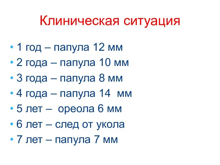 Клиническая ситуация 1 год – папула 12 мм 2 года – папула