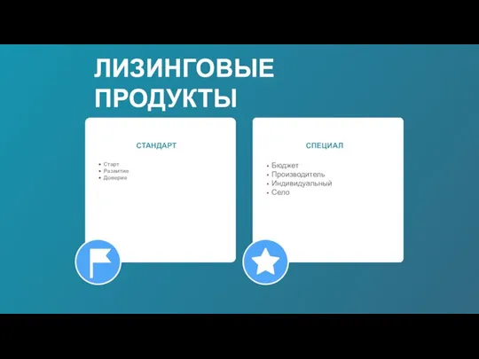 ЛИЗИНГОВЫЕ ПРОДУКТЫ Старт Развитие Доверие СТАНДАРТ СПЕЦИАЛ Бюджет Производитель Индивидуальный Село