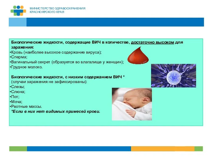 Биологические жидкости, содержащие ВИЧ в количестве, достаточно высоком для заражения: Кровь (наиболее