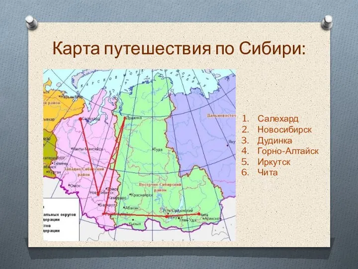 Карта путешествия по Сибири: Салехард Новосибирск Дудинка Горно-Алтайск Иркутск Чита