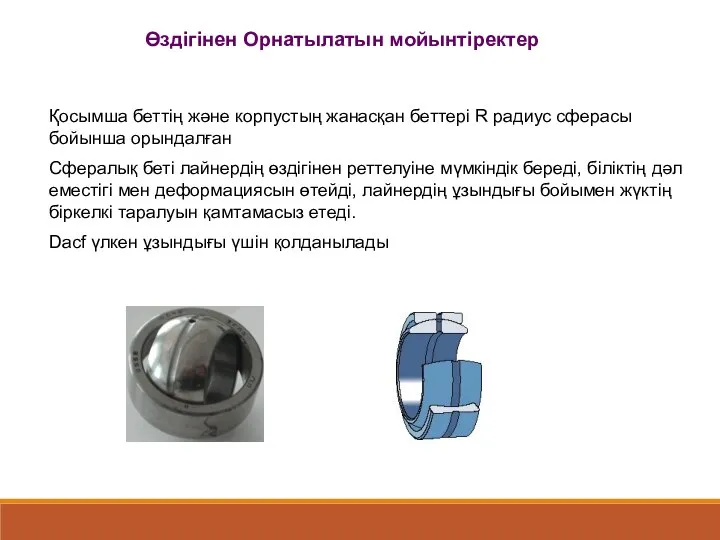 Өздігінен Орнатылатын мойынтіректер Қосымша беттің және корпустың жанасқан беттері R радиус сферасы