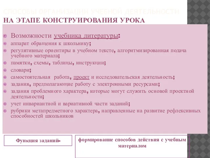 СПОСОБЫ ОРГАНИЗАЦИИ УЧЕБНОЙ ДЕЯТЕЛЬНОСТИ НА ЭТАПЕ КОНСТРУИРОВАНИЯ УРОКА Функция заданий- формирование способов