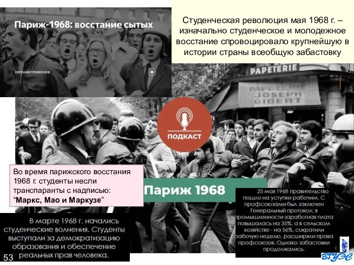 Студенческая революция мая 1968 г. – изначально студенческое и молодежное восстание спровоцировало