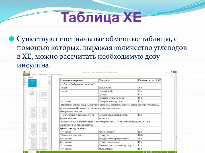 Таблица ХЕ Существуют специальные обменные таблицы, с помощью которых, выражая количество углеводов
