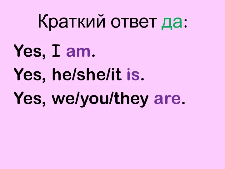 Краткий ответ да: Yes, I am. Yes, he/she/it is. Yes, we/you/they are.