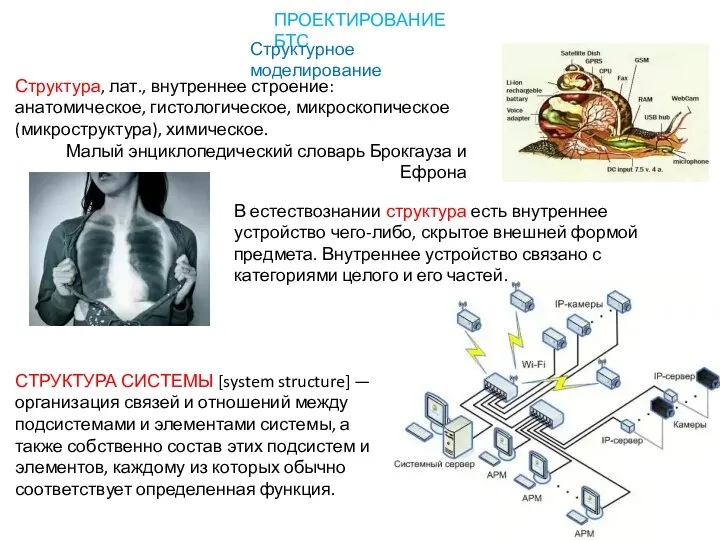 ПРОЕКТИРОВАНИЕ БТС Структурное моделирование В естествознании структура есть внутреннее устройство чего-либо, скрытое