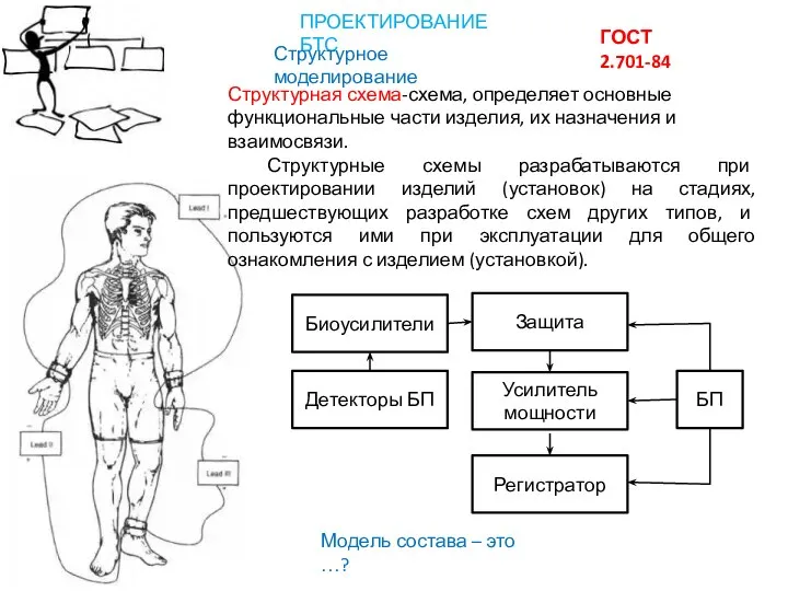 ПРОЕКТИРОВАНИЕ БТС Структурное моделирование ГОСТ 2.701-84 Структурная схема-схема, определяет основные функциональные части