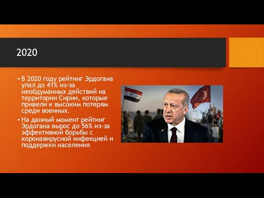 2020 В 2020 году рейтинг Эрдогана упал до 41% из-за необдуманных действий