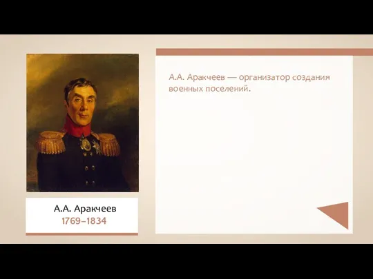 А.А. Аракчеев — организатор создания военных поселений. А.А. Аракчеев 1769–1834