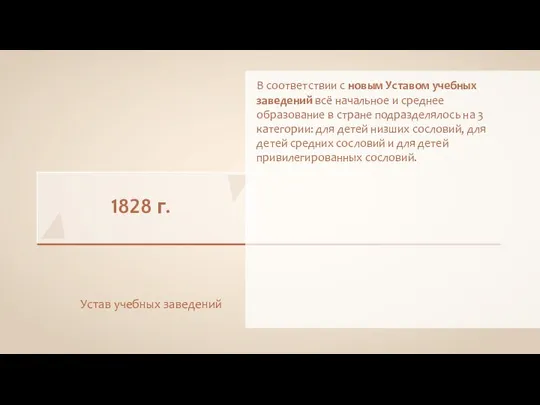 1828 г. Устав учебных заведений В соответствии с новым Уставом учебных заведений