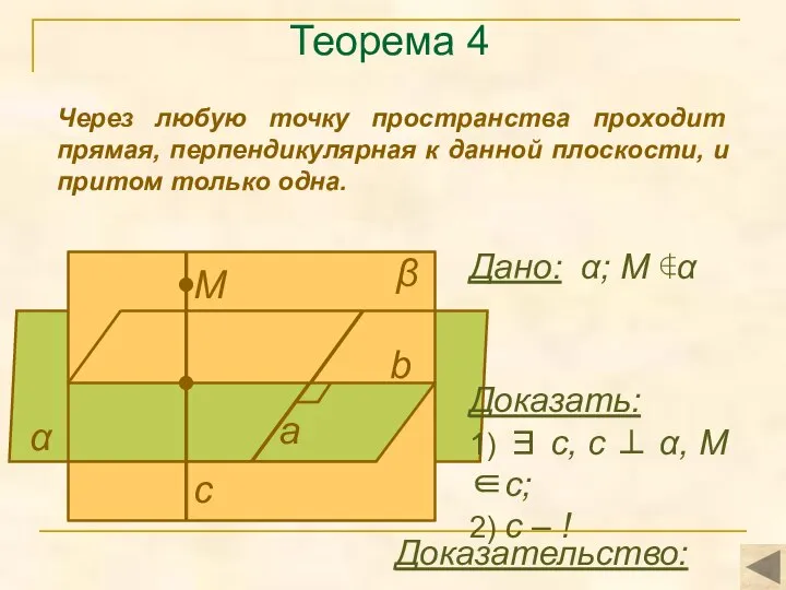 Теорема 4 Через любую точку пространства проходит прямая, перпендикулярная к данной плоскости,