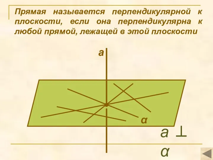 Прямая называется перпендикулярной к плоскости, если она перпендикулярна к любой прямой, лежащей