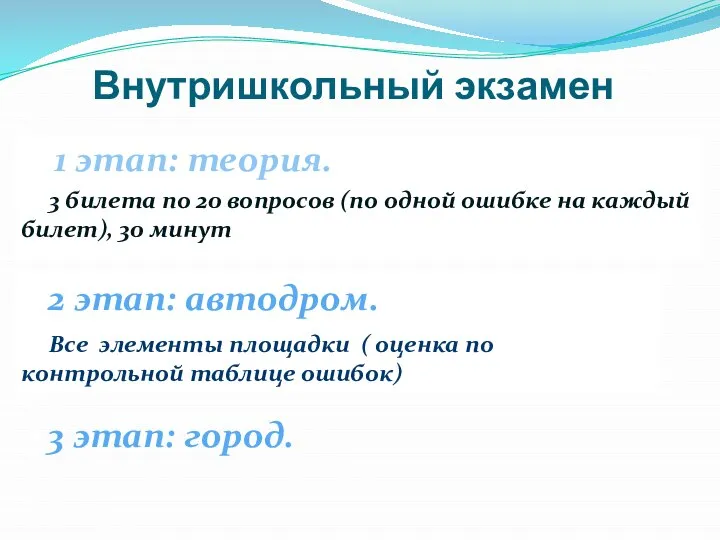 Внутришкольный экзамен 1 этап: теория. 3 билета по 20 вопросов (по одной