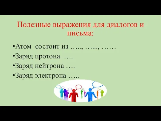 Полезные выражения для диалогов и письма: Атом состоит из ….., …..., ……