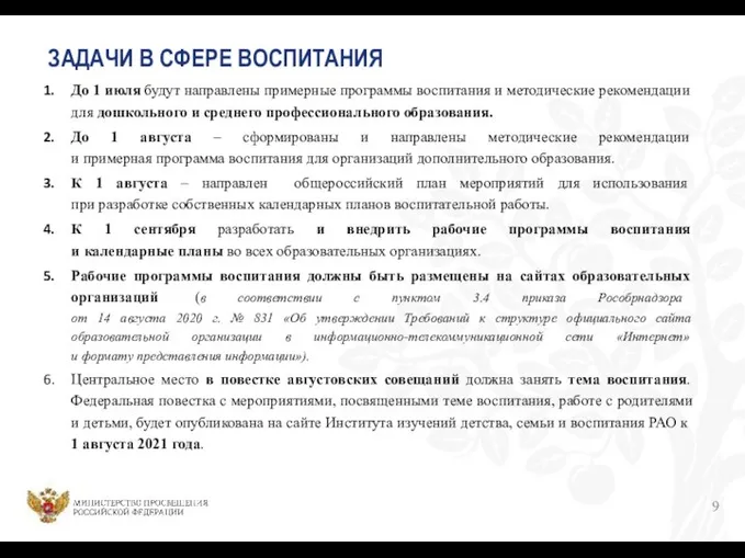 ЗАДАЧИ В СФЕРЕ ВОСПИТАНИЯ До 1 июля будут направлены примерные программы воспитания