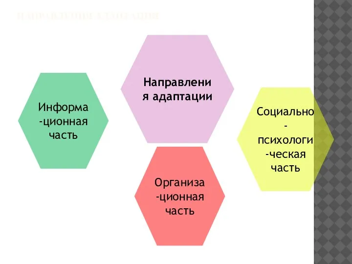 НАПРАВЛЕНИЯ АДАПТАЦИИ Информа-ционная часть Социально-психологи-ческая часть Направления адаптации Организа-ционная часть