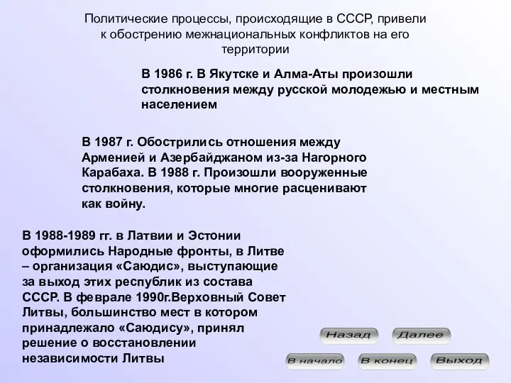Политические процессы, происходящие в СССР, привели к обострению межнациональных конфликтов на его