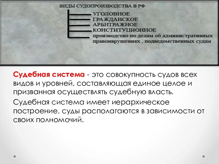 Судебная система - это совокупность судов всех видов и уровней, составляющая единое