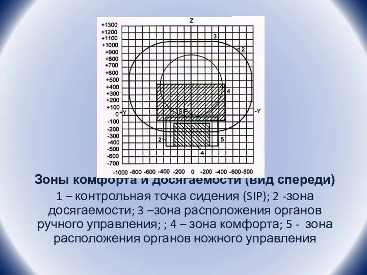 Зоны комфорта и досягаемости (вид спереди) 1 – контрольная точка сидения (SIP);