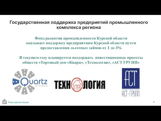 Государственная поддержка предприятий промышленного комплекса региона Фонд развития промышленности Курской области оказывает