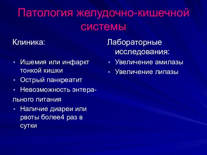 Патология желудочно-кишечной системы Клиника: Ишемия или инфаркт тонкой кишки Острый панкреатит Невозможность