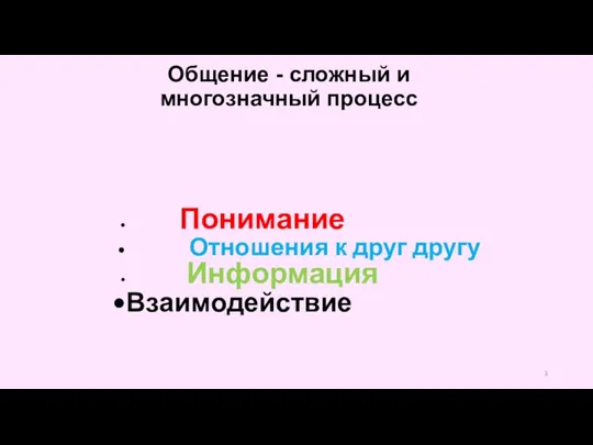 Общение - сложный и многозначный процесс Понимание Отношения к друг другу Информация Взаимодействие