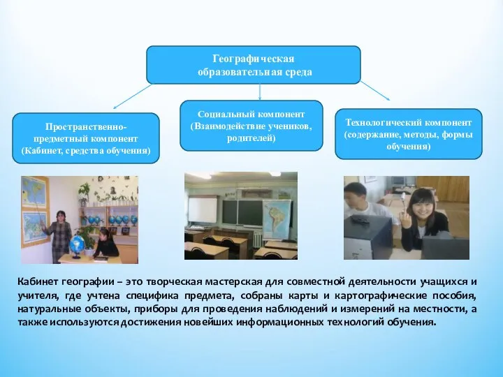 Пространственно-предметный компонент (Кабинет, средства обучения) Социальный компонент (Взаимодействие учеников, родителей) Технологический компонент