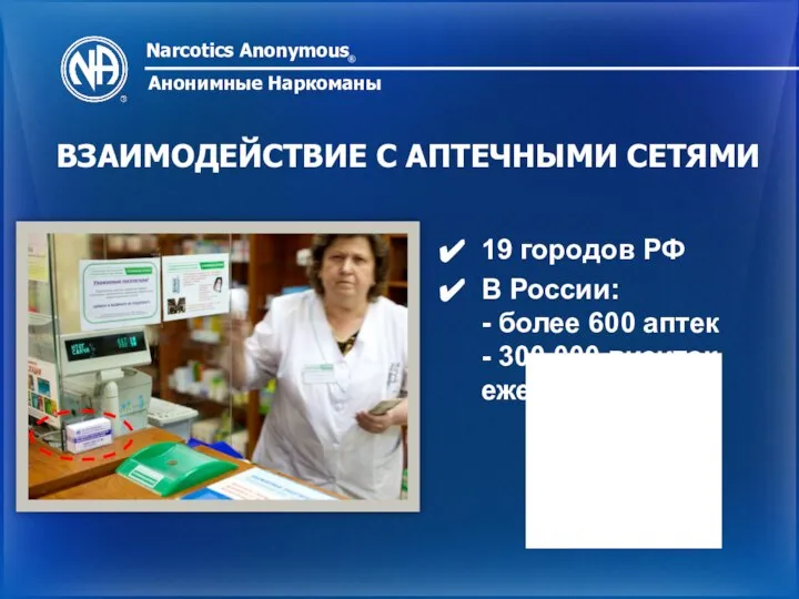 Narcotics Anonymous ® Анонимные Наркоманы ВЗАИМОДЕЙСТВИЕ С АПТЕЧНЫМИ СЕТЯМИ 19 городов РФ