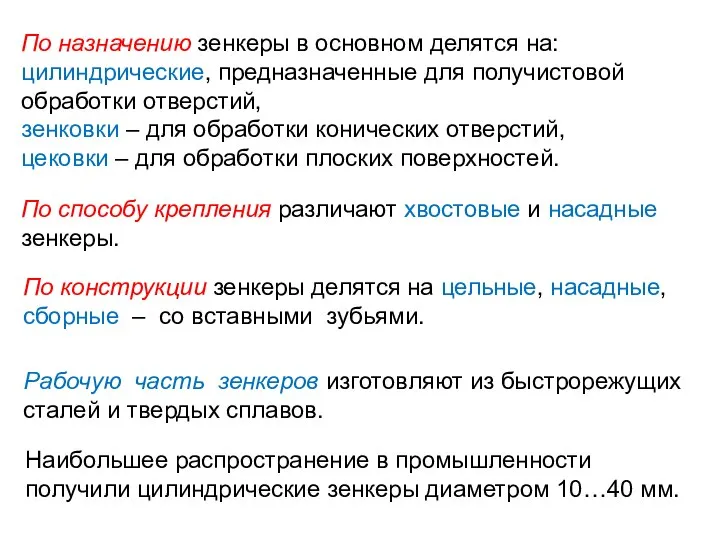 По назначению зенкеры в основном делятся на: цилиндрические, предназначенные для получистовой обработки