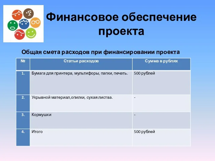 Финансовое обеспечение проекта Общая смета расходов при финансировании проекта