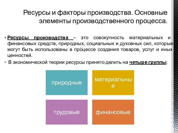 Ресурсы производства – это совокупность материальных и финансовых средств, природных, социальных и