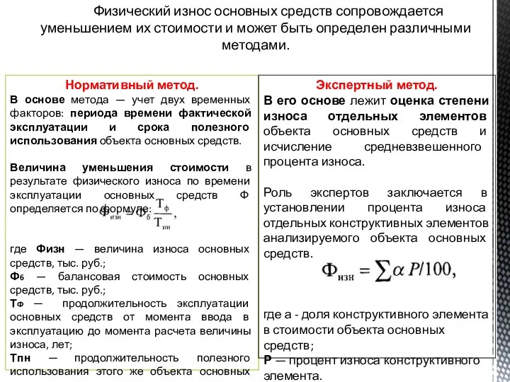 Физический износ основных средств сопровождается уменьшением их стоимости и может быть определен