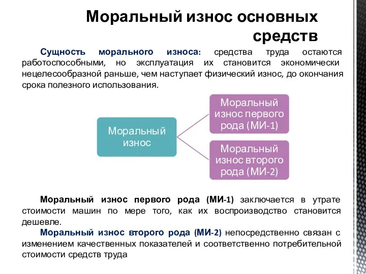 Сущность морального износа: средства труда остаются работоспособными, но эксплуатация их становится экономически