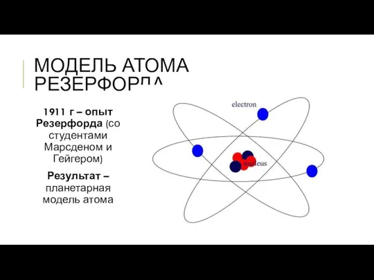 МОДЕЛЬ АТОМА РЕЗЕРФОРДА 1911 г – опыт Резерфорда (со студентами Марсденом и