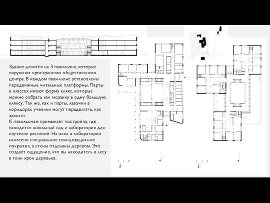 Здание делится на 3 павильона, которые окружают пространство общественного центра. В каждом