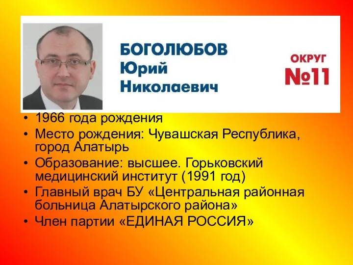 1966 года рождения Место рождения: Чувашская Республика, город Алатырь Образование: высшее. Горьковский