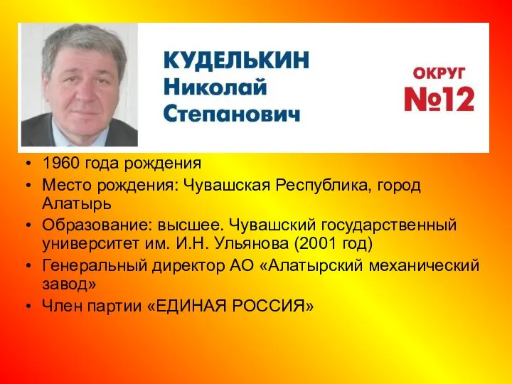 1960 года рождения Место рождения: Чувашская Республика, город Алатырь Образование: высшее. Чувашский